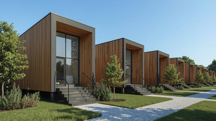 Modern Modular Wooden Houses in a Green Residential Neighborhood Under Clear Sky