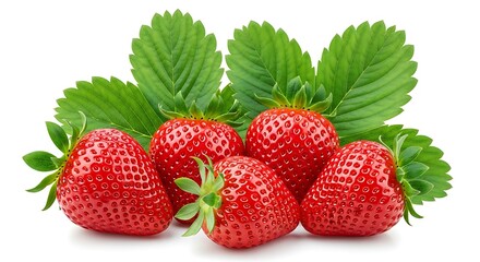Fresh ripe strawberries with vibrant green leaves on a clean white background.