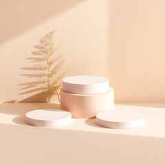 Minimalist cosmetic product display with soft lighting and shadows