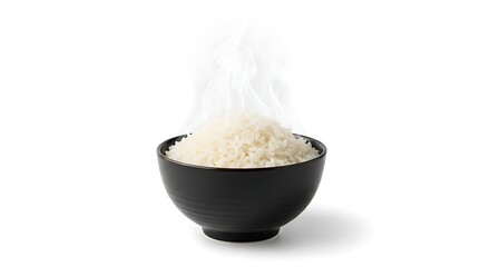 Hot cooked white rice steaming in a black bowl, isolated on white background.