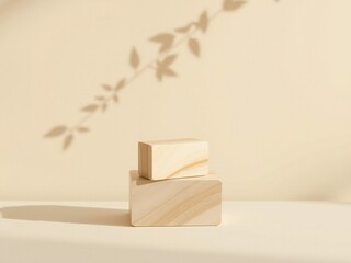 Minimalist display of natural soap bars on textured pedestal with soft shadow overlay
