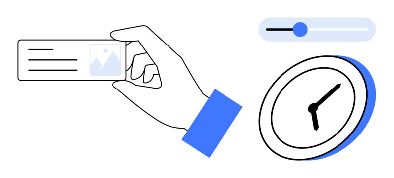 Hand holds a business card, a clock displays time, and a slider adjusts settings. Ideal for time management, scheduling, planning, organization, efficiency, productivity simple flat metaphor