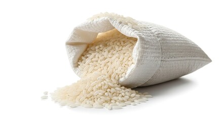 Raw white rice grains spilling from an open textile bag on a white background.