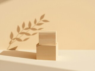 Minimalist display of two stacked brown boxes with soft shadow and leaf silhouette