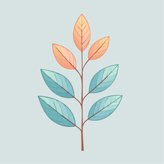 A Simple Botanical Illustration of a Branch with Blue and Orange Leaves on a Light Blue Background