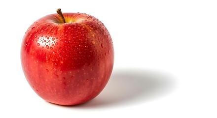 Fresh vibrant red apple covered with refreshing water droplets on white.
