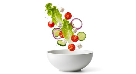 Fresh salad ingredients falling into a white bowl, dynamic food preparation.
