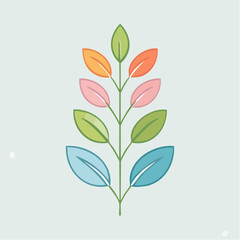 Abstract Stem With Colorful Oval Leaves In Pastel Tones On A Light Blue Background Minimalist Vector Graphic