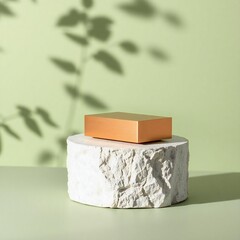 Natural soap bar on textured pedestal with leaf shadows