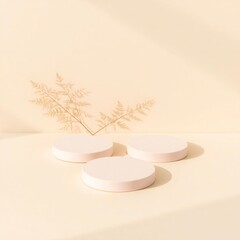Minimalist light pink pedestals with soft shadow and dried plant accent