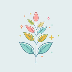 Stylized Pixel Art Plant with Pastel Leaves and Sparkling Accents on Light Blue Background