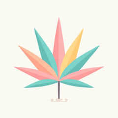 Stylized Cannabis Leaf In Pastel Colors Pink Teal Orange Yellow On A Light Cream Background With A Thin Stem