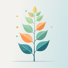 Delicate Plant Stem With Growing Leaves in Shades of Teal Orange and Yellow Against a Soft Gradient Background with Subtle Speckles