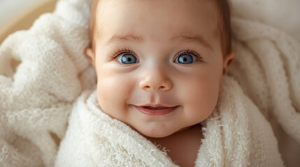 Cute Smiling Baby with Blue Eyes Wrapped in Soft Blanket