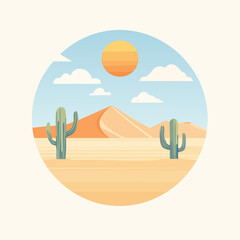 Pixel Art Desert Landscape With Cacti And Sand Dunes Under A Bright Sun And Blue Sky With Clouds