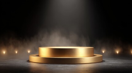 A golden podium sits in the center of a dark space illuminated by a spotlight above.