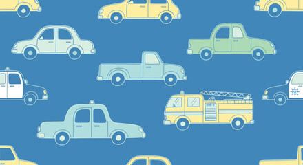 Fototapeta premium Vector Seamless Baby Boy Pattern – Hand-Drawn Cars Cute Boyish Wallpaper Background