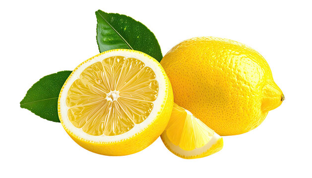 Sliced lemon, whole lemon, and leaves on a black backdrop