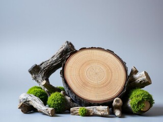 Natural wood slice and mossy branches still life arrangement