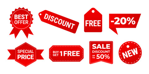Set of Sale badges. Discount and special offer labels. Red stickers and price tag symbols. Vector Illustrations. Promotion banner templates for marketing and shopping