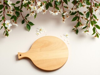 Empty wooden serving board with delicate white blossoms and green leaves overhead