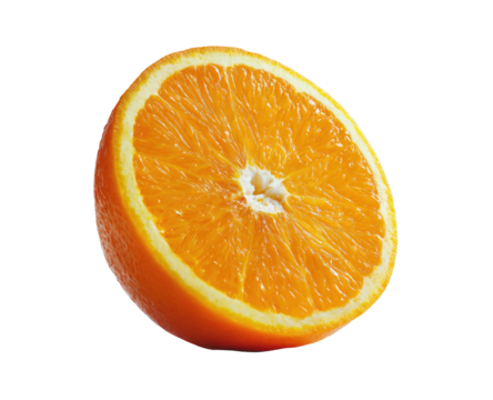 Bright orange citrus fruit slice, juicy pulp, black background