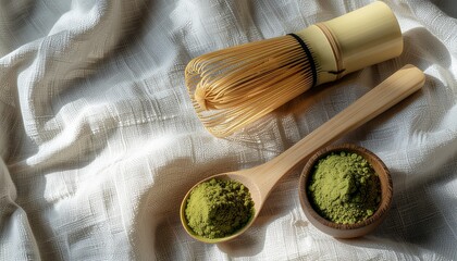 Matcha green tea powder, whisk, spoon, and fabric for tearelated designs, food blogs, mindfulness content, and social media posts.
