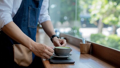 Barista presents matcha latte near a window greenery scene. Ideal for social media posts or articles on cafe culture. Perfect for promoting matcha latte products or illustrating barista skills.