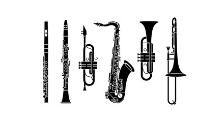 Vector Set of Black and White Wind Musical Instruments &ndash; Outline Illustrations