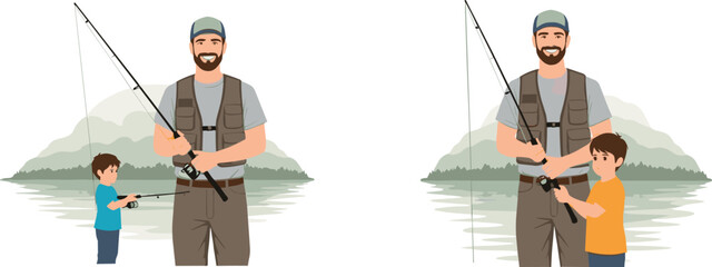 Happy father teaching young son fishing techniques on a peaceful lakeside adventure, showcasing family bonding, outdoor recreation, and nature lifestyle imagery