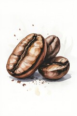 Watercolor style illustration of three coffee beans with splatters on a clean white surface