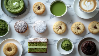 delicious treats like matcha cake cookies donuts and drinks. Great for food blogs, social media, menus, and advertising purposes.