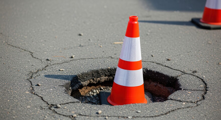 Road construction involving an orange traffic cone placed near pothole in asphalt surface, indicating road construction ahead. Road construction creates delays, diversions,