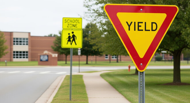 Yield sign near school on suburban street, traffic safety measure. This yield sign, a common street sign, marks school zone and pedestrian crosswalk.