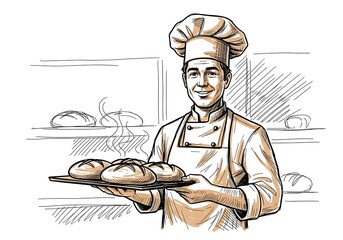 Happy baker presents freshly baked bread rolls