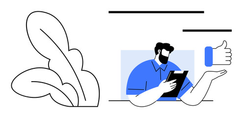 Bearded man reading clipboard with a thumbs-up gesture and abstract leaves, conveying approval and growth. Ideal for teamwork, leadership, success, positivity, support, communication, simple flat