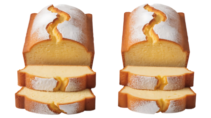 Two freshly baked pound cake loaves, sliced and dusted with powdered sugar, isolated on transparent background