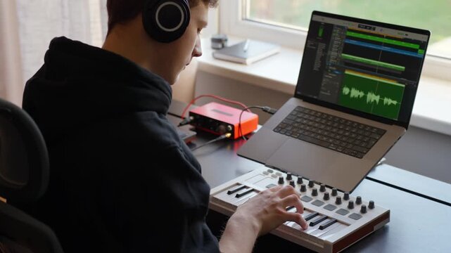 Young caucasian man wearing headphones and hoodie sitting at a desk, focused on creating digital music, working on a laptop with audio workstation and a MIDI keyboard