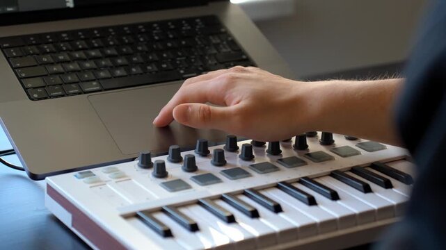 Close-up shot of hands of music producer interacting with a MIDI keyboard controller and a laptop trackpad, illustrating the digital workflow of electronic music production in home studio setting.
