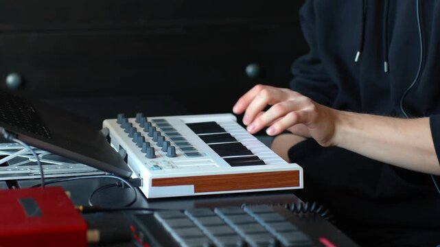 Music producer creating professional digital audio beats and electronic compositions using a midi keyboard controller and laptop in a modern home studio, static shot