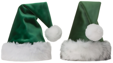 Two green elf or santa hats with white fluffy trim and pom pom isolated on transparent background