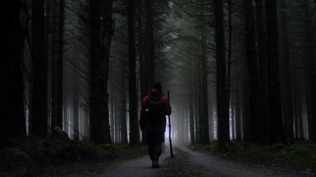 Dramatic, high-contrast view of a solitary man with a red jacket and backpack hiking away down a path in a dense, dark forest on Dublin Mountain, Ireland, with fog obscuring the far trees.