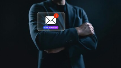 Businessman touching new message notification icon on virtual screen, representing digital communication, Digital Communication, Message Reminder and Business Connectivity Concept - Powered by Adobe