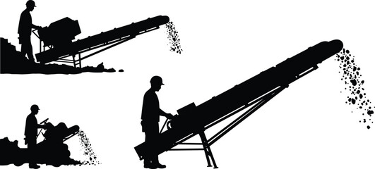 Silhouette construction workers operating conveyor belt machine, industrial material handling system, mining and gravel production process illustration for heavy industry concept