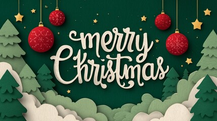 Paper Cut Style Merry Christmas Typography with Layered Green Trees Clouds and Red Ornaments