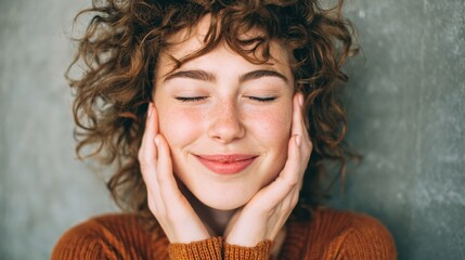 A cheerful young woman with curly hair smiles softly resting her hands on her face. She appears relaxed and content while sitting against a textured wall exuding a sense of calm.