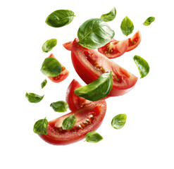 Sliced red tomatoes and green basil leaves in mid-air, isolated