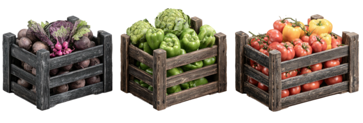 Three wooden crates filled with fresh vegetables and fruits