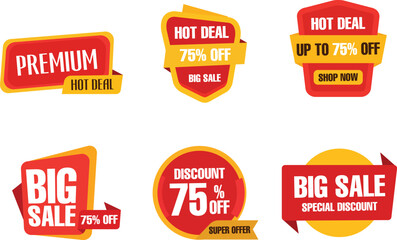 Hot Deal Big Sale 75% Off Sticker Set. Premium Discount and Super Offer Badges Vector.