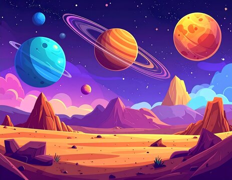 Colorful illustration of planets and a desert landscape under a starry sky